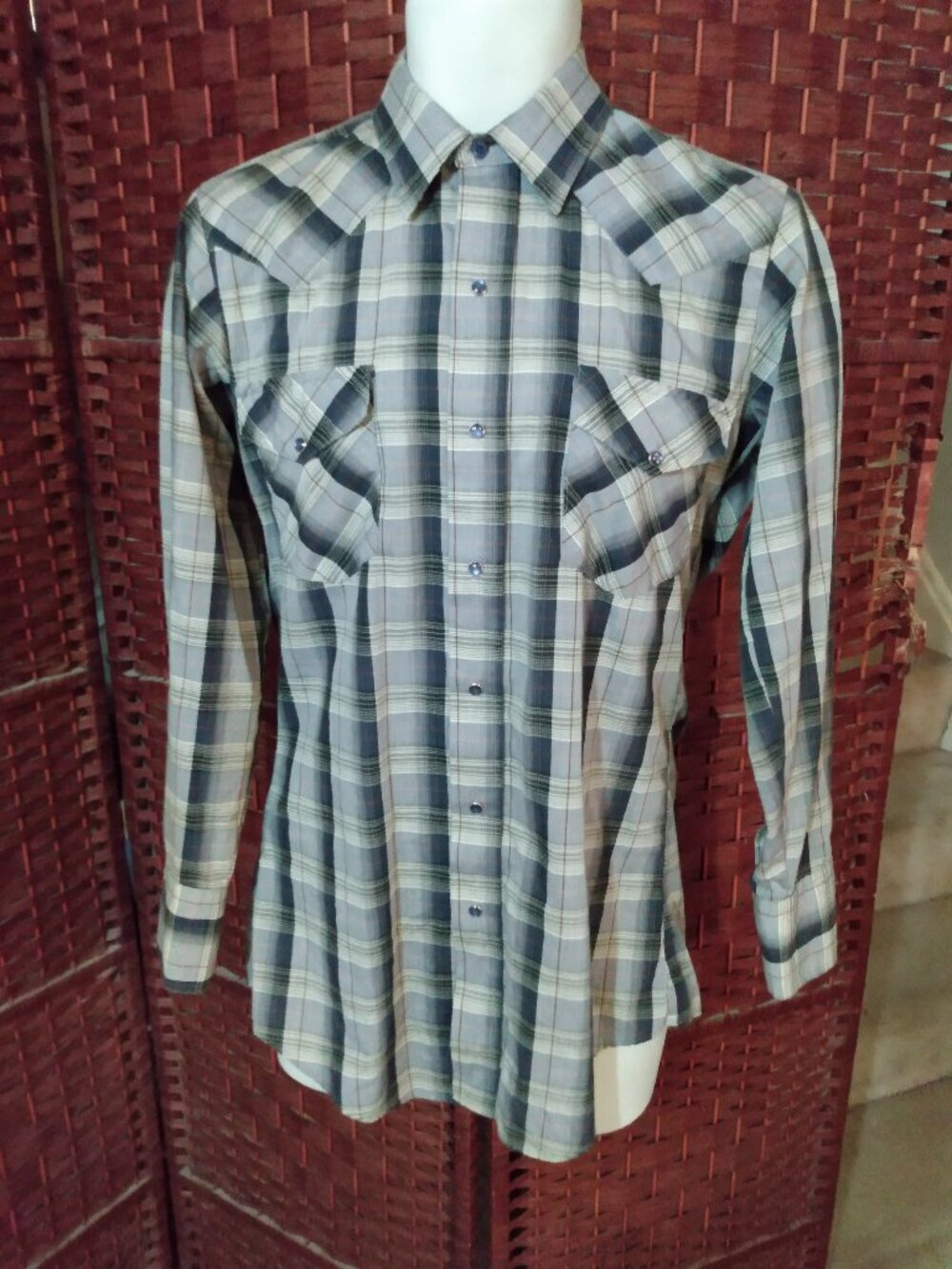 Vintage Mens Karman Western Shirt Silver Collection Medium Plaid